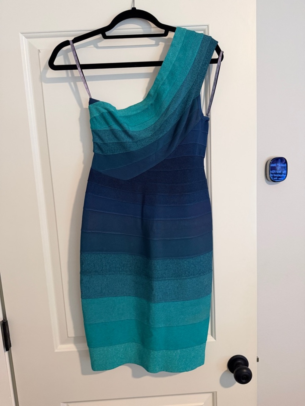 Herve Leger Teal & Navy One-Shoulder Bandage Dress